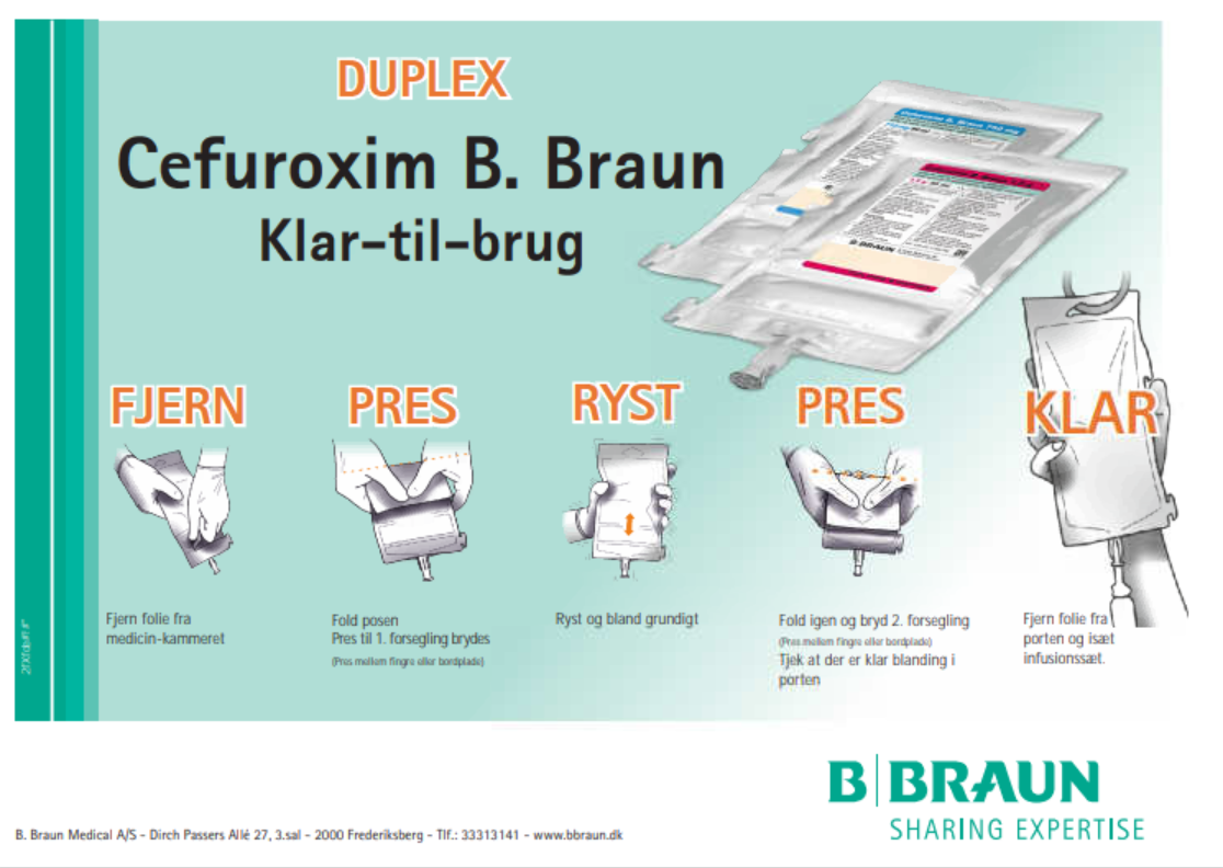 Illustration af hvordan du gør medicinen klar. Rækkefølge: fjern, pres, ryst, pres, klar (som beskrevet i teksten)