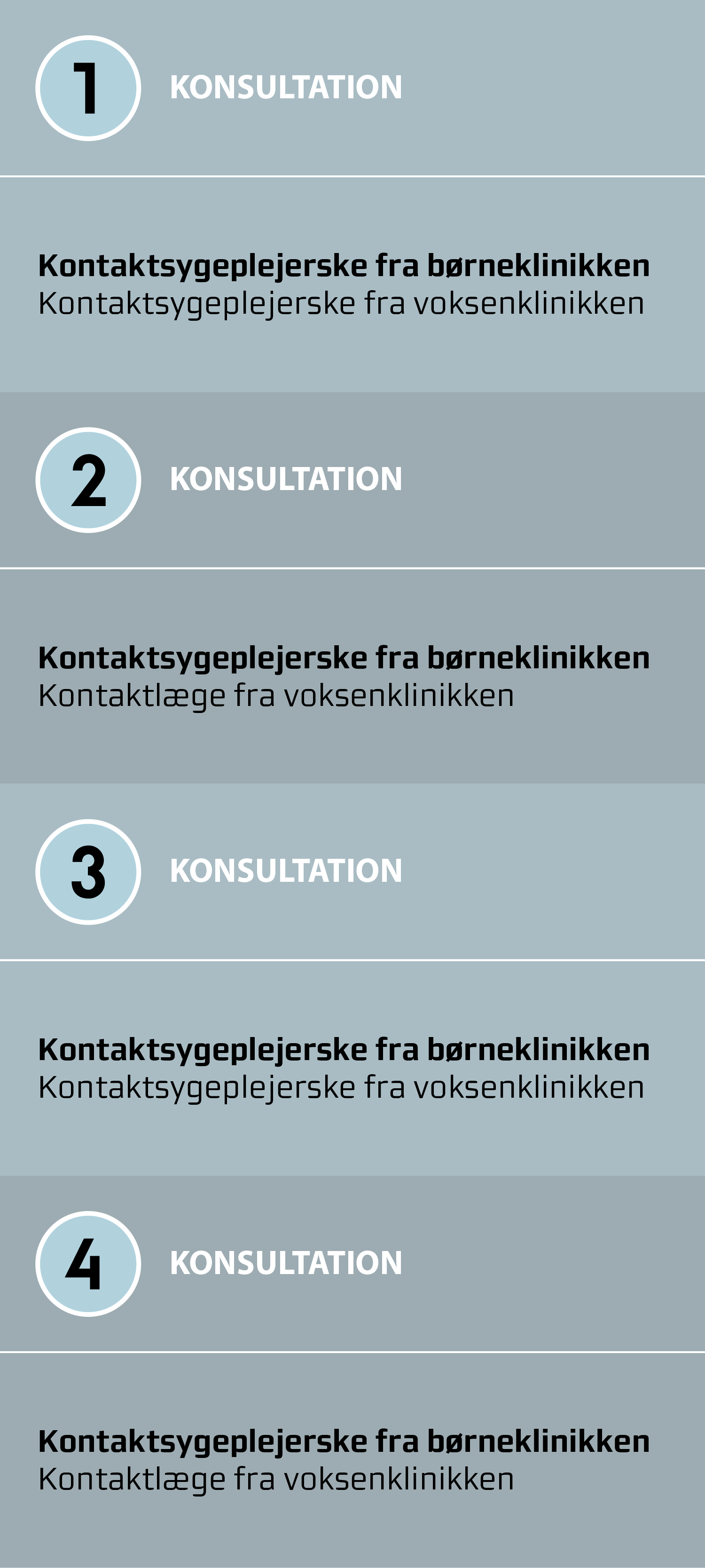 Ved alle konsultationer deltager en sygeplejerske fra Børn og Unge. Ved konsultation 1 og 3 deltager en sygeplejerske fra voksenklinikken, mens der ved konsulation 2 og 4 deltager en læge fra voksenklinikken.