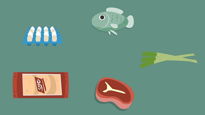Eksempler på proteinrige fødevarer: æg, kød, fisk